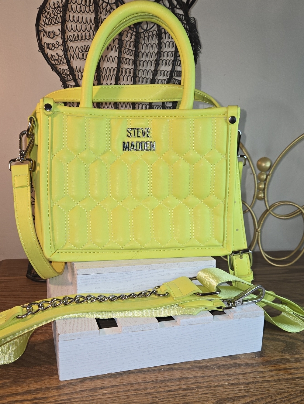 Steve Madden Neon Yellow Quilted Mini Satchel with Chain Strap